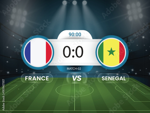 France vs Senegal 2026 world cup match with scoreboard and broadcast schedule template design