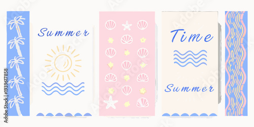 Colorful summer themed illustrations with suns shells and waving lines