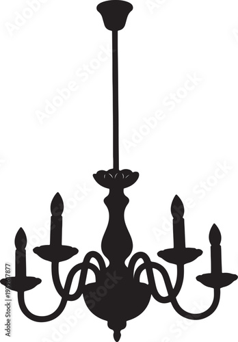 Silhouette of a classic chandelier with six candle-like lights hanging from ceiling also transparent background