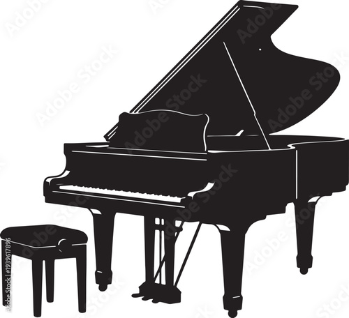 Silhouette of a grand piano with opened lid in black and white also transparent background music