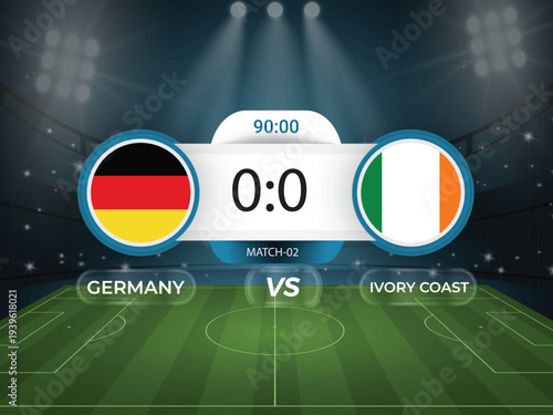 Germany vs Ivory Coast 2026 world cup match with scoreboard and broadcast schedule template design