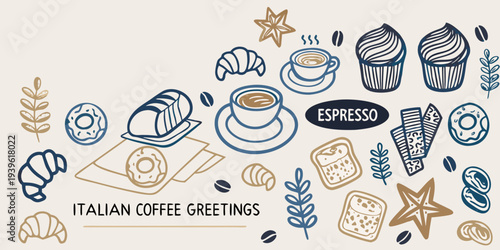 A colorful illustration of coffee pastries and various sweet treats