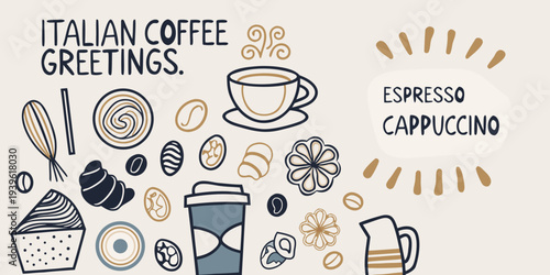 Italian coffee illustration featuring espresso cappuccino and sweet pastries
