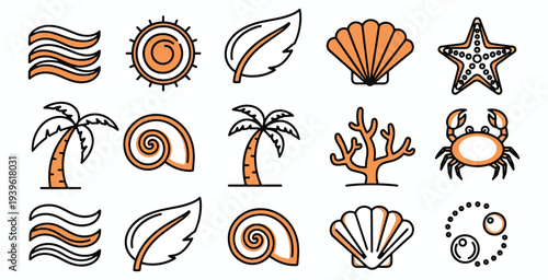 Set of summer vacation and beach icons with waves sun leaves shells palm trees coral starfish and crab simple graphic elements for design
