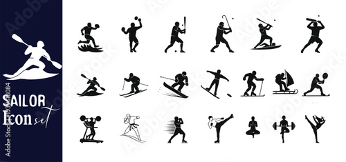 Action Sports Silhouette Icons for Skiing Snowboarding and Martial Arts