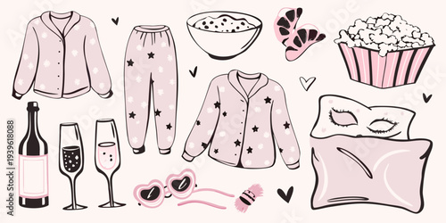 Cozy night in pajamas popcorn wine and relaxation items displayed