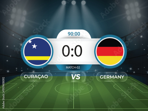 Germany vs Curaçao 2026 world cup match with scoreboard and broadcast schedule template design