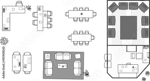 Flat vector office layouts with meeting rooms lounge and workspace design