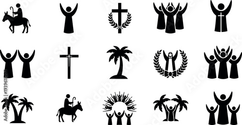 Set, of, Religious, Palm, Sunday, Icons, Easter, Eggs, Farm, Animals, Rabbit, Sheep, Flower, Silhouettes, Halloween, Pumpkins, Apples, and, Nature,