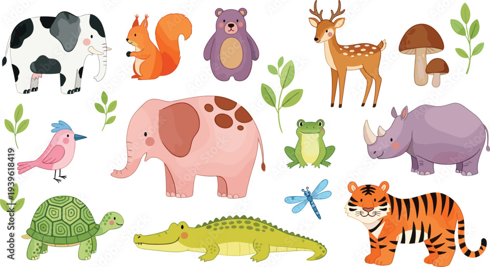 Obraz premium Cute Forest and Wild Animals Vector Illustration Set with Elephant Tiger Deer Bear Turtle Crocodile