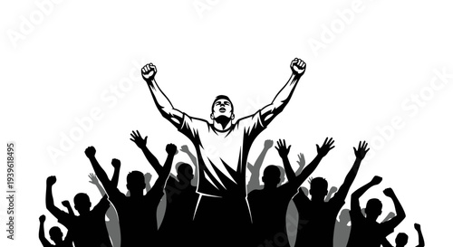 Triumphant leader standing on a crowd of people with raised hands