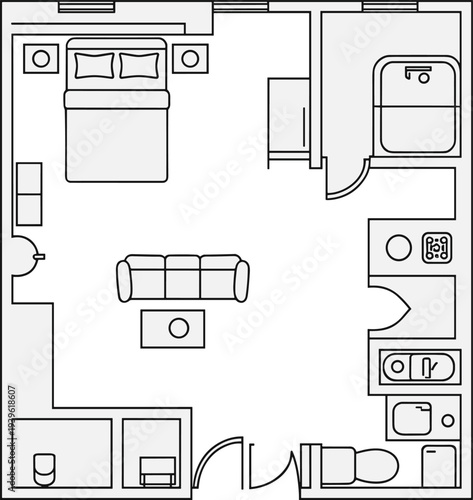 Compact studio apartment floor plan, modern interior layout, efficient urban living flat vector