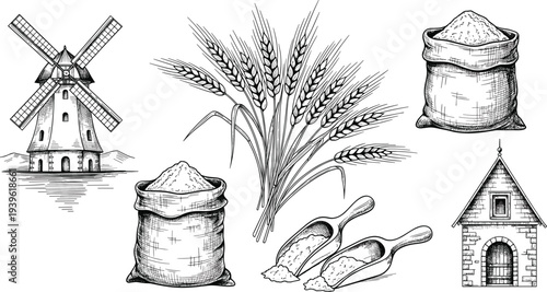 Vintage Hand Drawn Sketch of Wheat Ears, Flour Sacks, Windmill, and Farm House Icons Isolated on White Background for Organic Bakery and Agriculture Branding