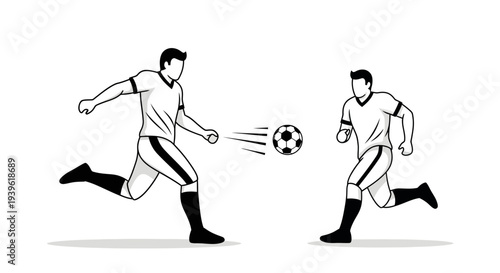 Two soccer players in action kicking a ball