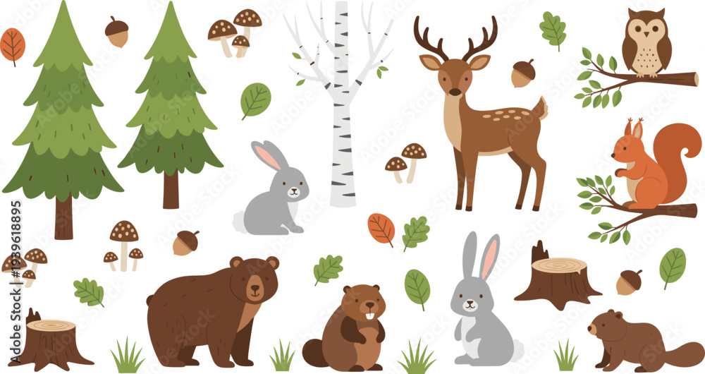 Fototapeta premium Cute Forest Animals Vector Set with Bear Deer Rabbit Squirrel Owl Woodland Elements