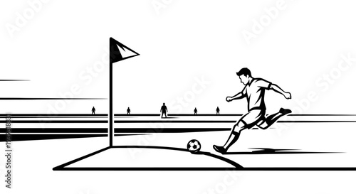 Soccer player kicking ball near flag on field