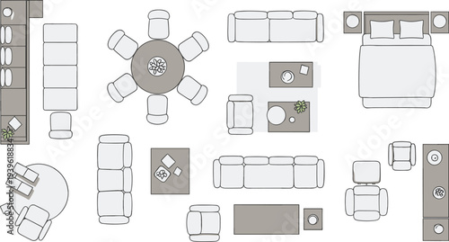 Flat vector interior design furniture layout, bedroom living dining room arrangement