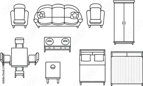 Flat vector furniture set, modern home interior essentials, black white illustration