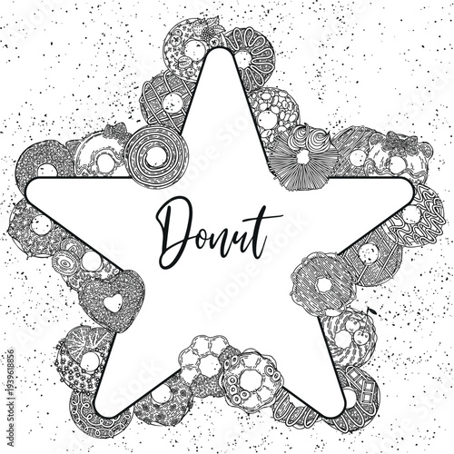 Whimsical hand-drawn donuts arranged in a star shape with the word donut in the center