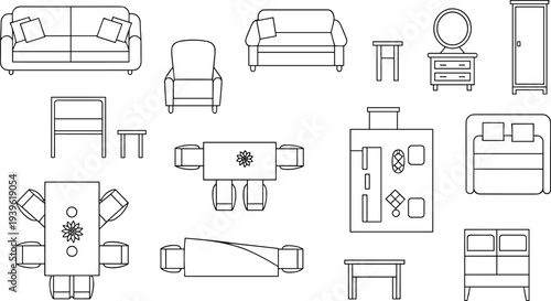 Flat vector furniture set sofa bed table chair wardrobe interior