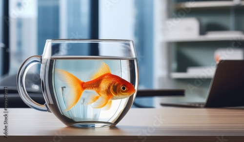 A vibrant goldfish swims unexpectedly within a clear glass teacup on an office desk, creating a surreal and whimsical tableau, symbolizing adaptability and unique perspectives