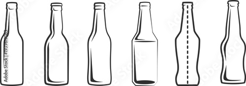Glass bottle outline set beverage container drink packaging line art soda beer bottle vector illustration collection isolated design