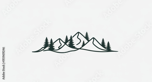 Minimalist Mountain Landscape Illustration with Trees and Peaks.