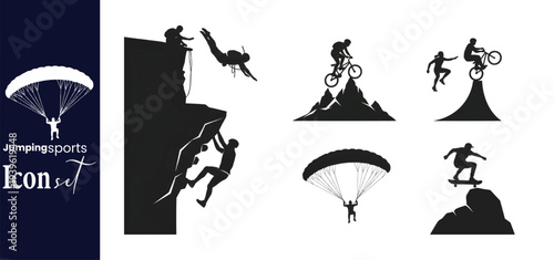 Extreme Jumping and Adventure Sports Silhouette Icon Vector Set