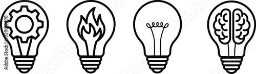 Light bulb idea concept line icon set creativity innovation inspiration brain gear flame filament vector illustration collection isolated design