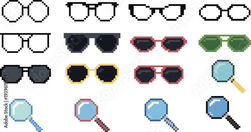 Pixel art glasses and magnifying glass icon set retro 8bit eyewear sunglasses optical accessories game asset vector isolated collection