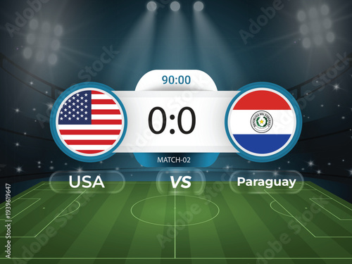Usa vs Paraguay 2026 world cup match with scoreboard and broadcast schedule template design
