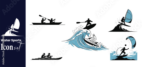 Professional Water Sports and Surfing Silhouette Icon Vector Set