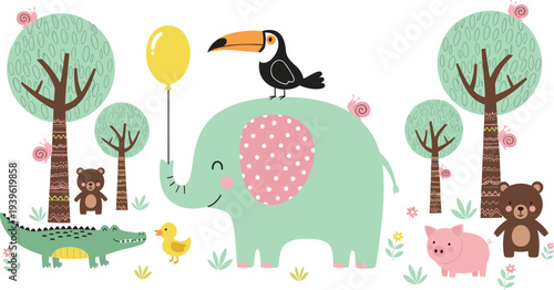 Cute Jungle Animals Vector Illustration Scene with Elephant Toucan Crocodile Duck Pig Bear
