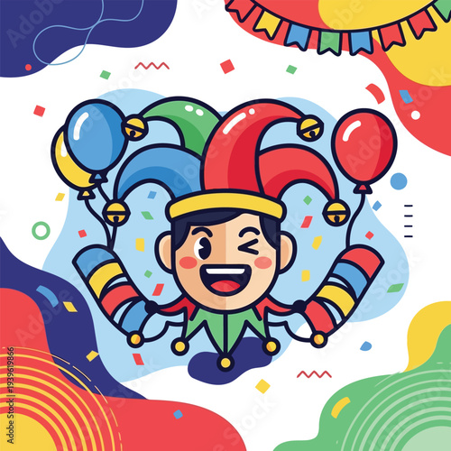 Jester face vector illustration with balloons and festive party background.