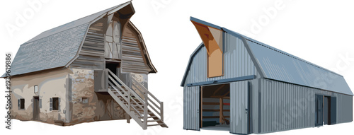 Rustic wooden barn and modern metal barn vector illustration isolated showing rural farm buildings, agricultural storage architecture and countryside structures