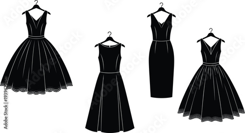 Collection of Elegant Black Dress Silhouettes on Hangers Featuring A-Line Ball Gown and Sheath Styles for Fashion Design Apparel Retail and Boutique Branding
