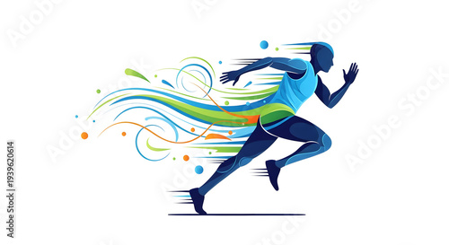 Energetic graphic of a sprinter in motion, stylized with swirling lines to represent speed and vitality