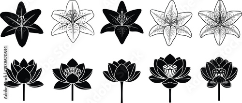 Collection of elegant lotus and lily flower icons featuring minimalist floral designs, perfect for wellness, yoga, spa branding, meditation, and natural beauty graphic projects.