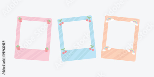Three Cute Polaroid Photo Frames with Strawberry, Cherry, and Rainbow Decorations