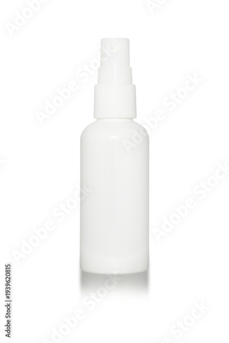 White plastic spray bottle with pump dispenser. Blank cosmetic or sanitizer container isolated on white background. Product packaging mockup and hygiene container concept. Design for banner, poster