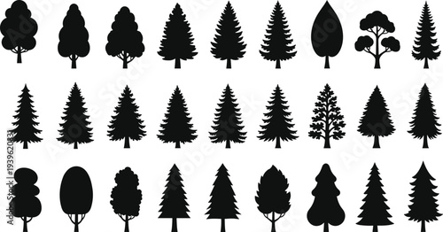 Black silhouette tree vector collection featuring pine cedar spruce and deciduous forest elements isolated on white for nature landscape graphic design and environmental projects