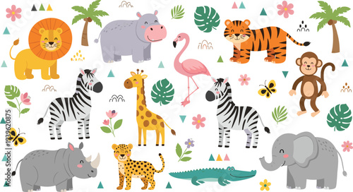 Cute Safari Jungle Animals Vector Set with Lion Tiger Zebra Giraffe Elephant Rhino