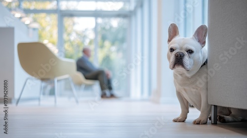 French bulldog peeking from sofa in bright modern waiting room for healthcare and office background advertising and promotional design
