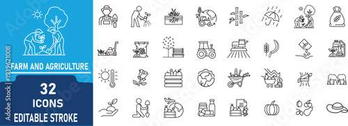 Farm and Agriculture Line Icon Set.Contain to related icons Farming, Harvest, Crops and Rural Farming and more.Editable Stroke Vector. Vector illustration.