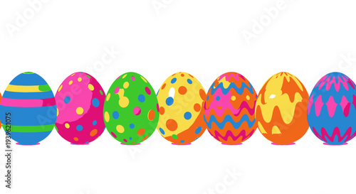 Colorful Easter eggs lined up in a row on white background.