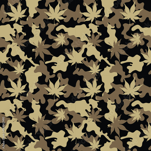 Seamless pattern camouflage with cannabis leaves in tan brown black abstract design