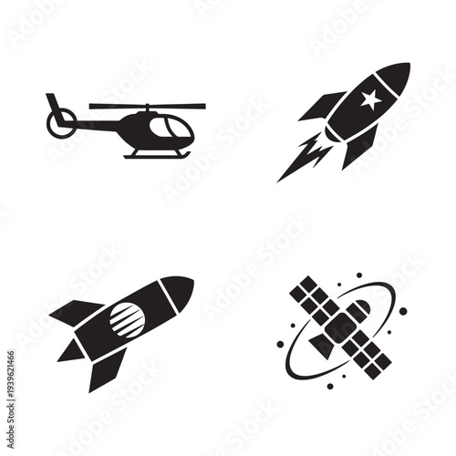 Black silhouettes of a helicopter rockets and a satellite in space