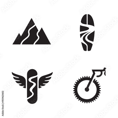 Black silhouettes depicting mountain hiking boot winged boot and bicycle