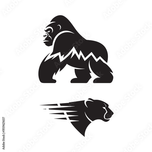 Graphic illustration of a gorilla and a panther both in silhouette