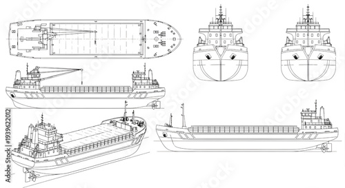 Split Hopper Barge AutoCAD Blueprint Vector – Multi View Marine Vessel Technical Drawing